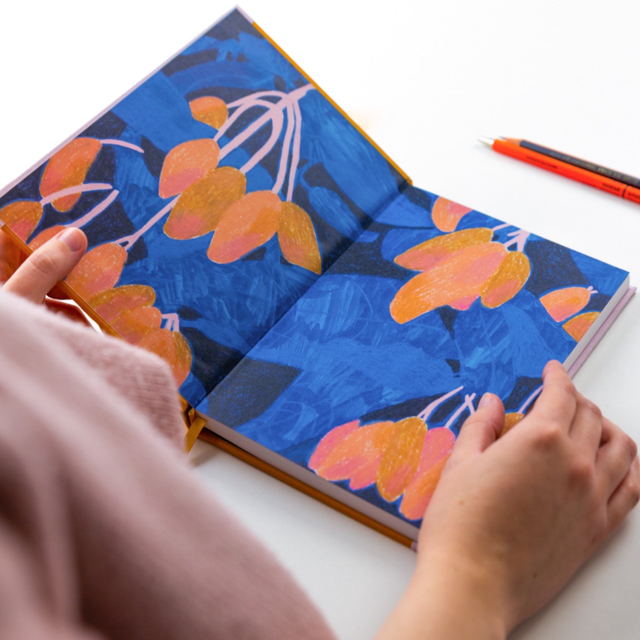 Blue mango pattern end pages handmade journal