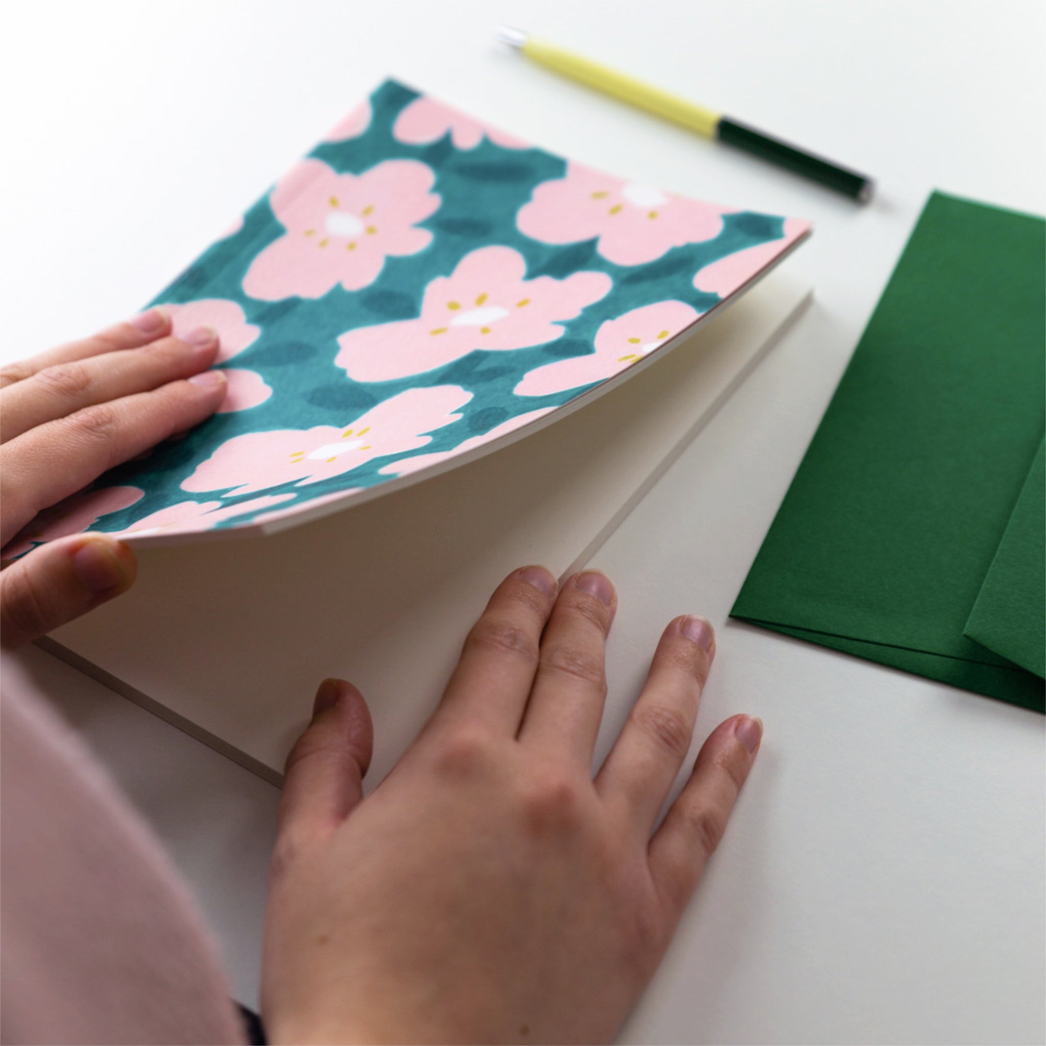 A5 softcover sketchbook with pink and green flowers